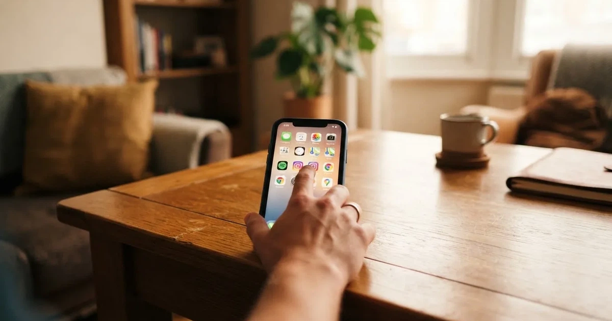 A close-up of a finger tapping a smartphone screen showing rows of app icons.