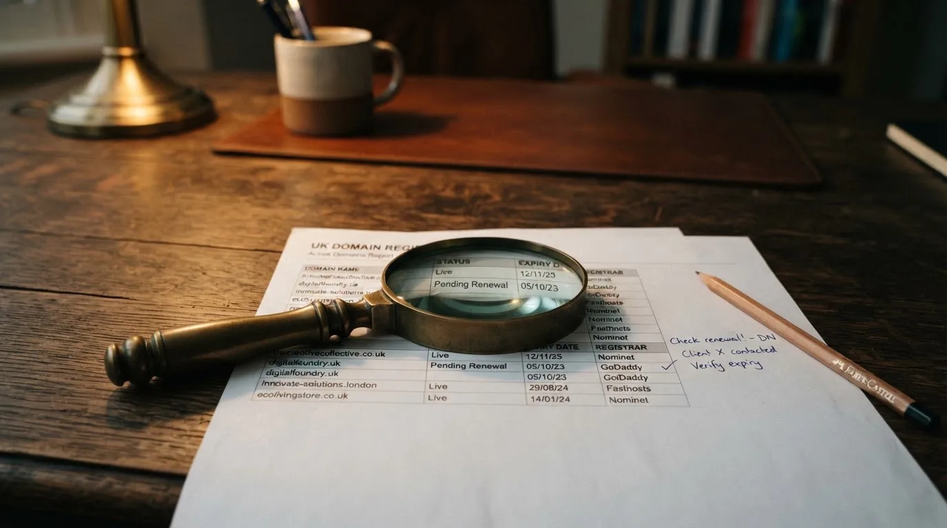 A magnifying glass rests over a printed regulatory certificate on a wooden desk.