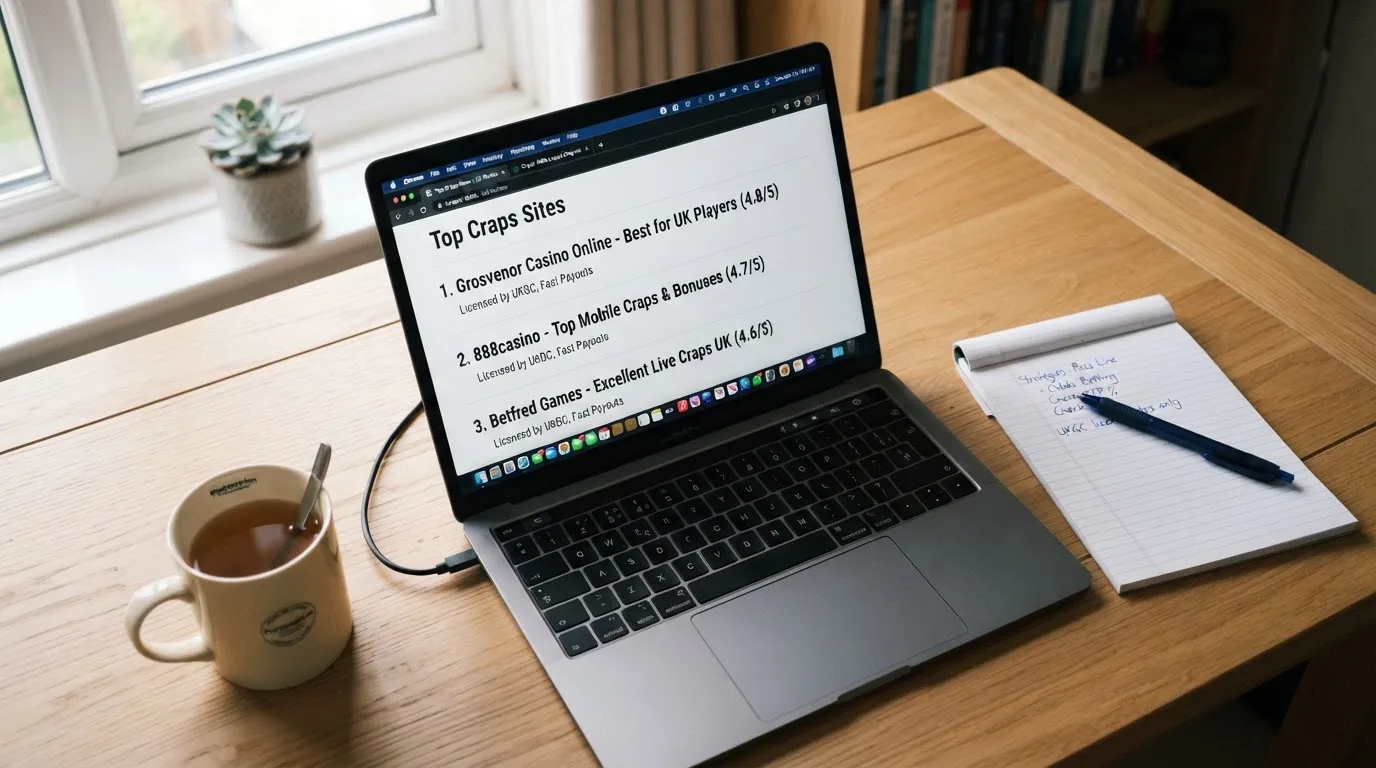 A laptop on a home desk showing a UK online casino comparison page open beside a notepad, with a craps table layout diagram on a laptop visible in a browser tab list