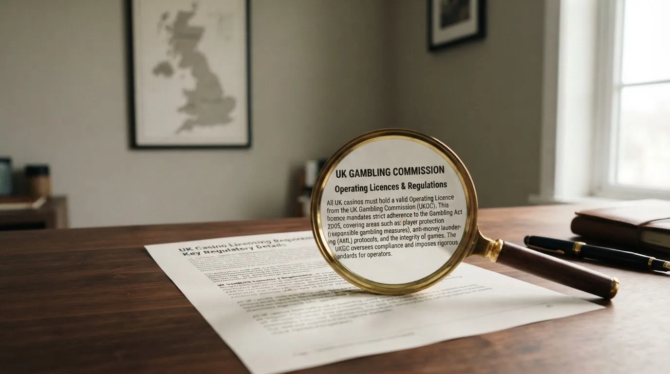 A magnifying glass held over a printed gambling licence certificate on a desk, with a UK map faintly visible in the background