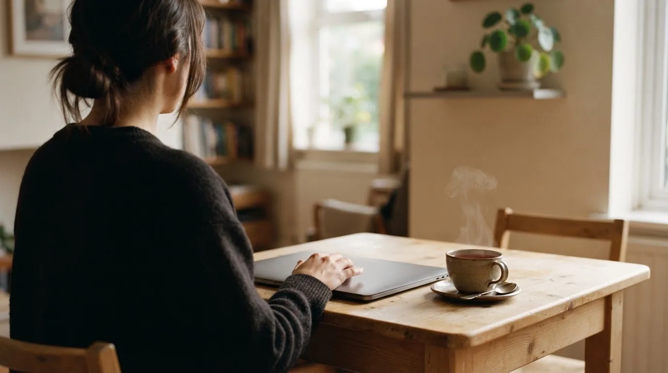 A person closing a laptop beside a cup of tea