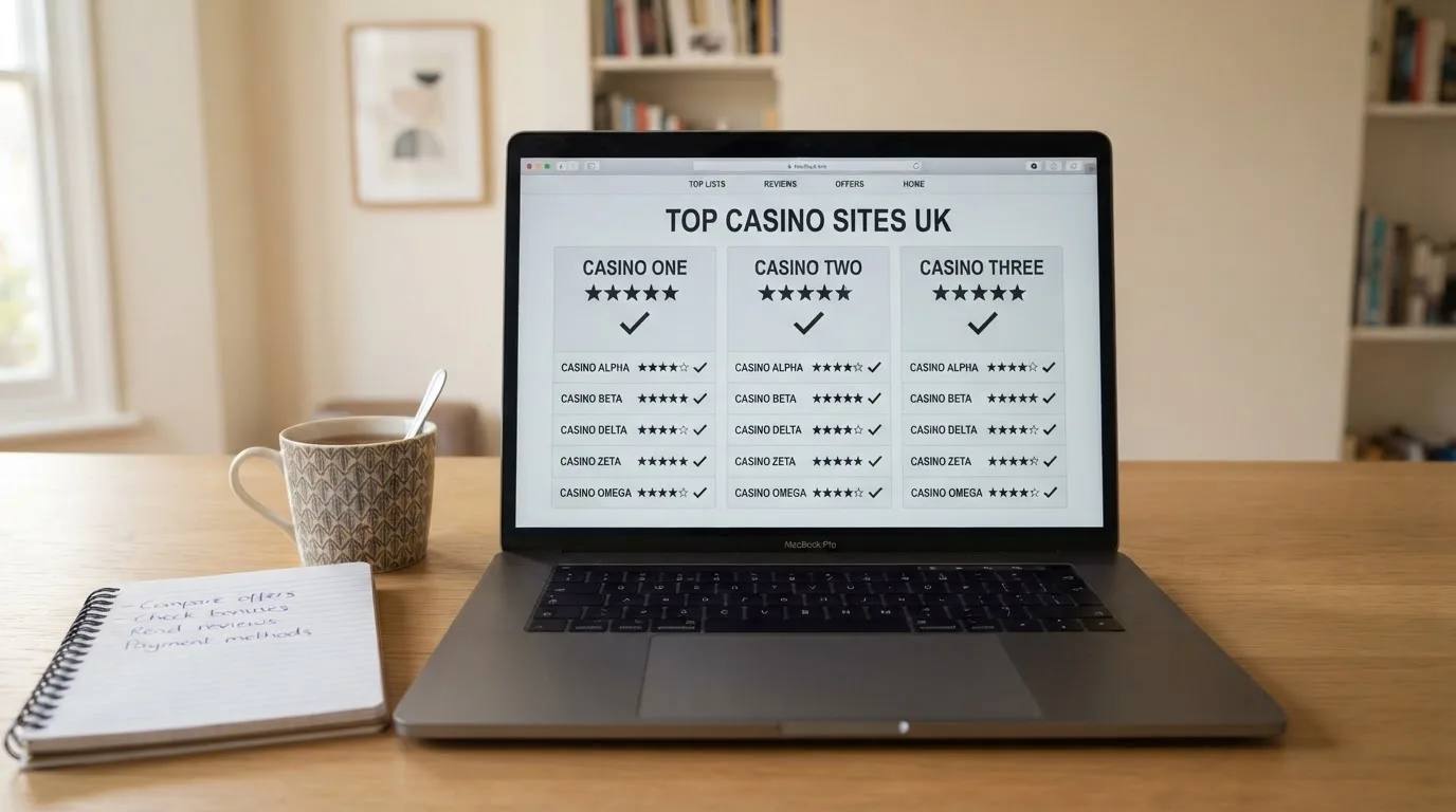 A laptop on a home desk showing a UK online casino comparison page open beside a notepad, with a laptop showing an international casino homepage in a browser visible in a browser tab list