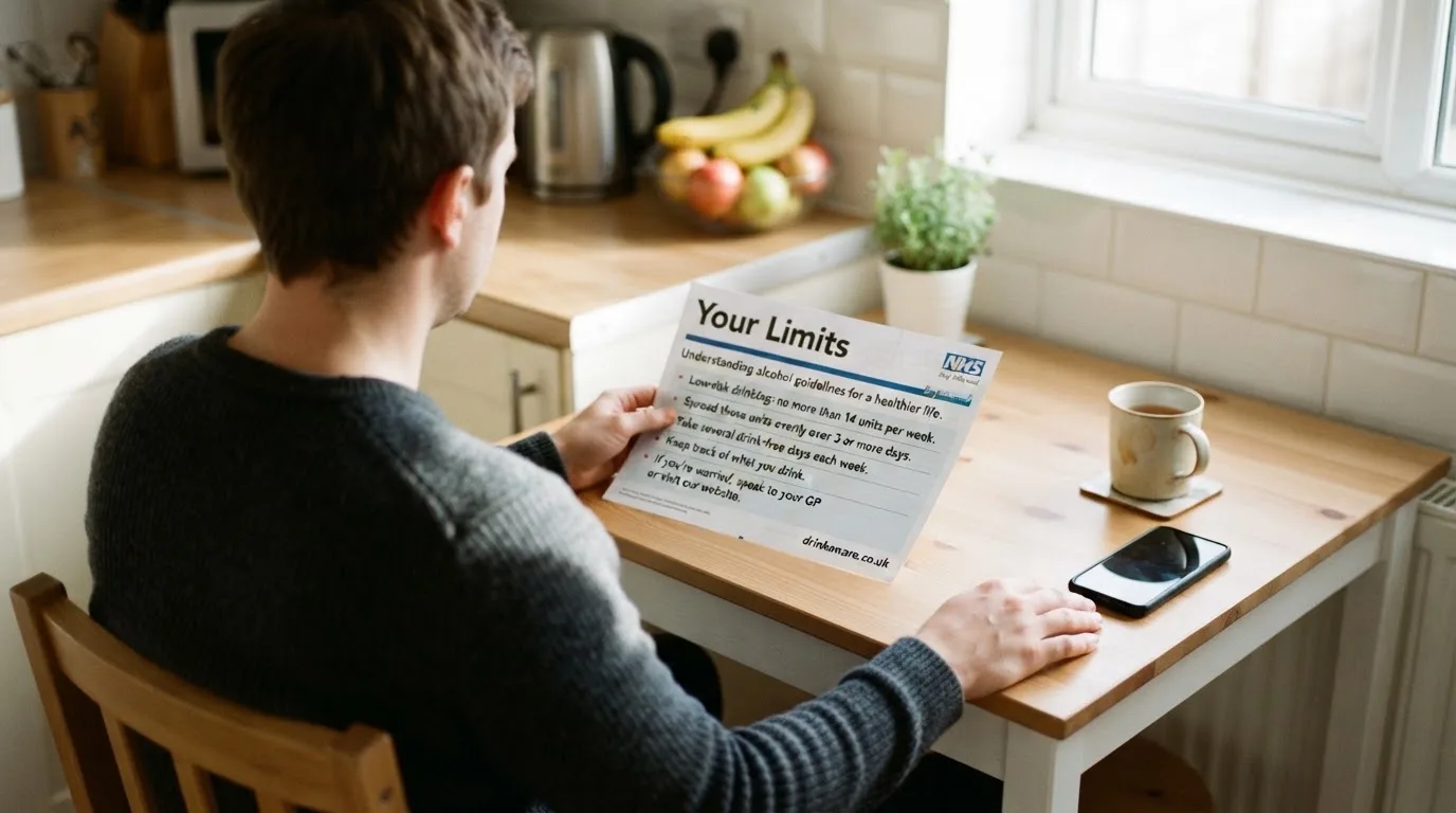 A person reading a self-exclusion leaflet at a kitchen table