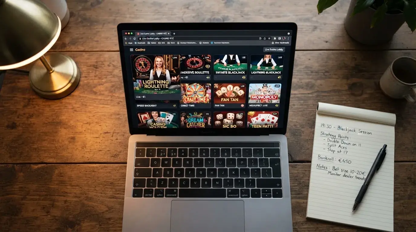A laptop on a home desk showing a UK online casino comparison page open beside a notepad, with a laptop showing a live casino lobby with several table thumbnails visible in a browser tab list