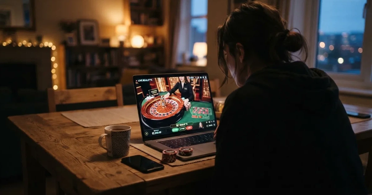 A live dealer roulette wheel streamed to a laptop screen