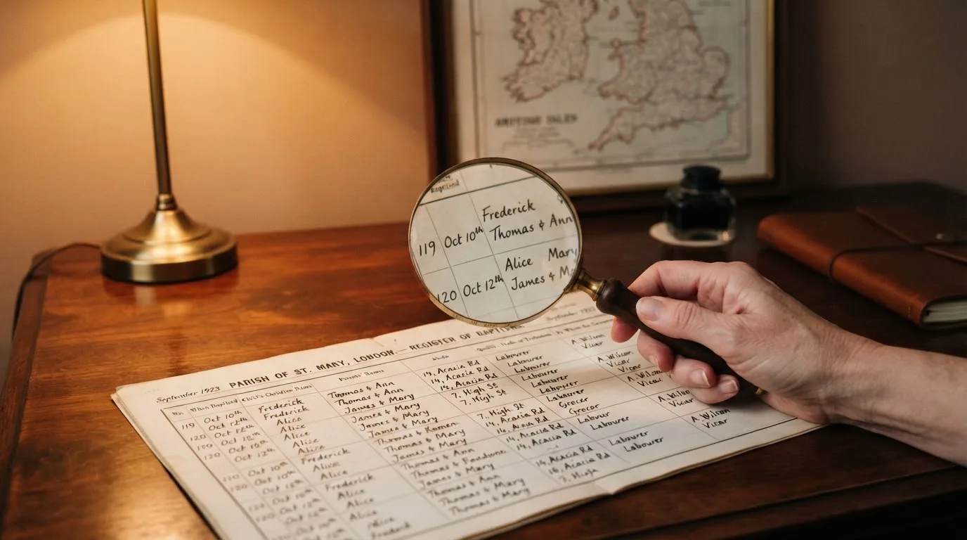 A magnifying glass held over a printed gambling licence certificate on a desk, with a UK map faintly visible in the background