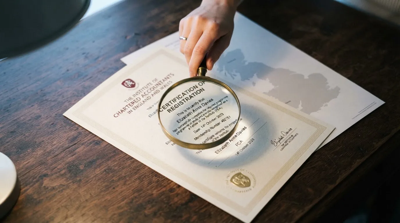 A magnifying glass held over a printed gambling licence certificate on a desk, with a UK map faintly visible in the background