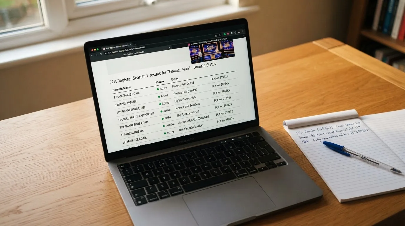 A laptop on a home desk showing a UK online casino comparison page open beside a notepad, with a laptop showing a live casino game show lobby page visible in a browser tab list