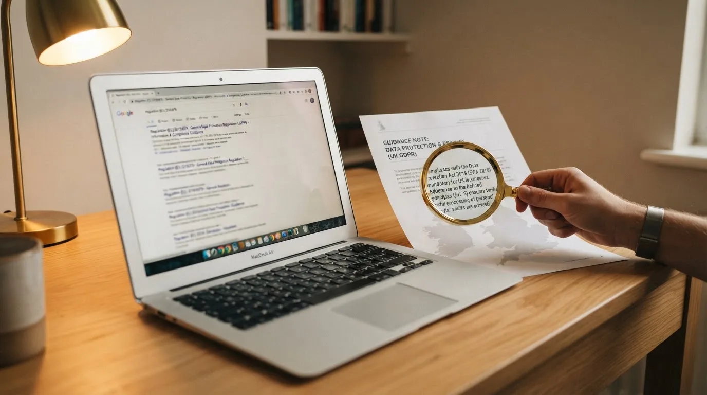 A magnifying glass held over a printed gambling licence certificate on a desk, with a UK map faintly visible in the background