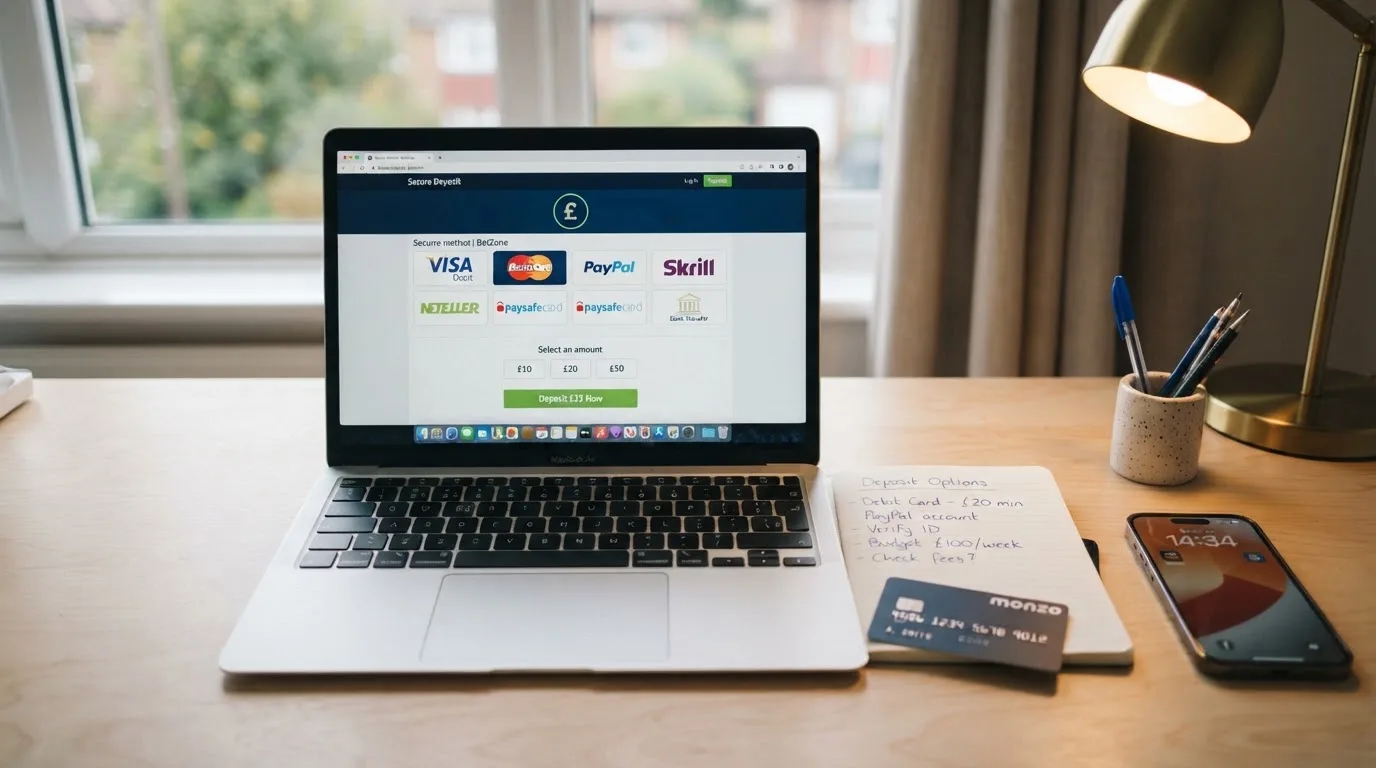 A laptop on a home desk showing a UK online casino comparison page open beside a notepad, with a desk with a debit card, a phone and a laptop showing a deposit form visible in a browser tab list