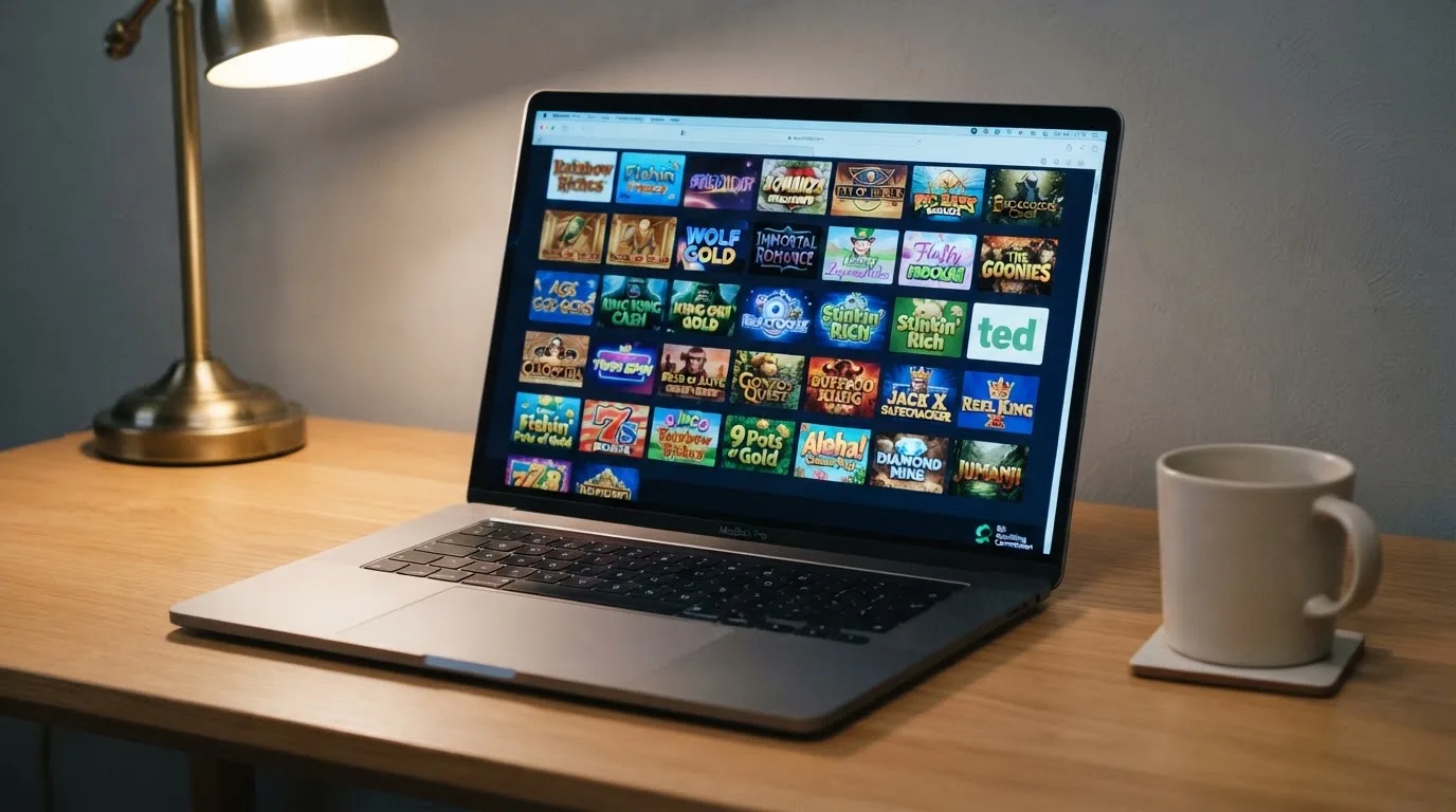 A laptop on a desk displaying a grid of slot game thumbnails in a casino lobby.