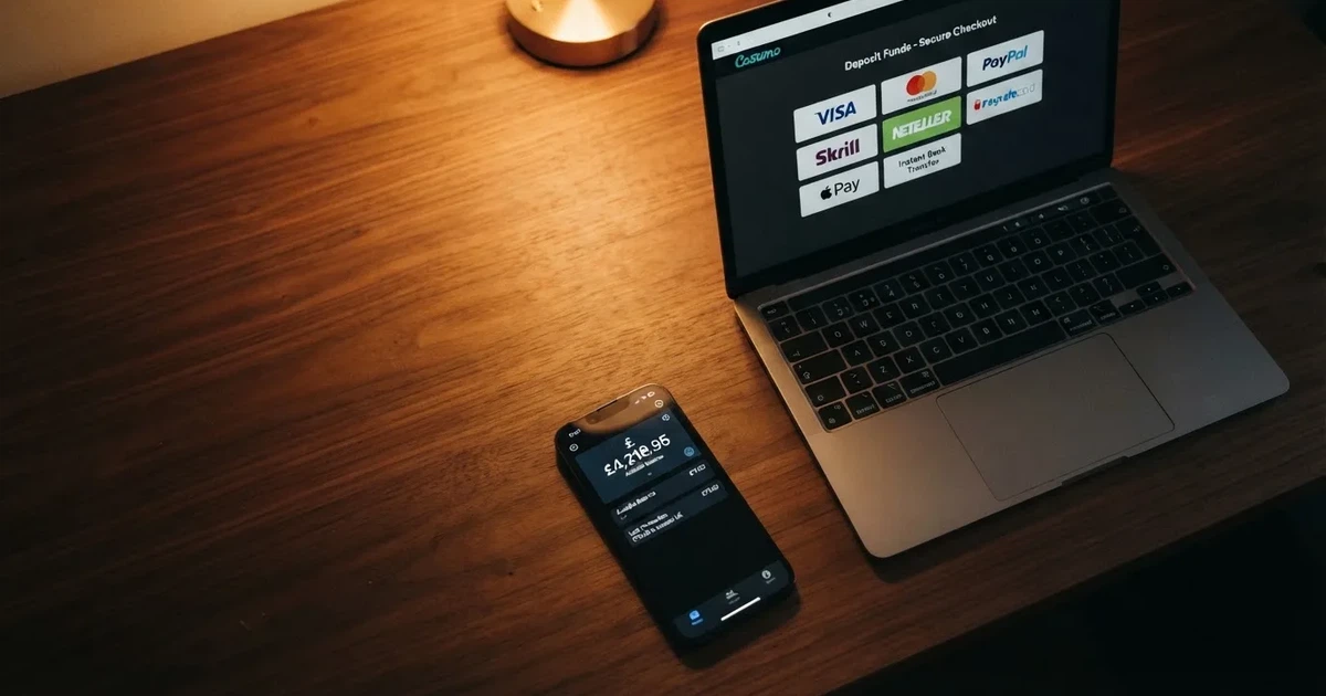 A smartphone displaying a cryptocurrency wallet balance beside a laptop showing a casino site's banking page.