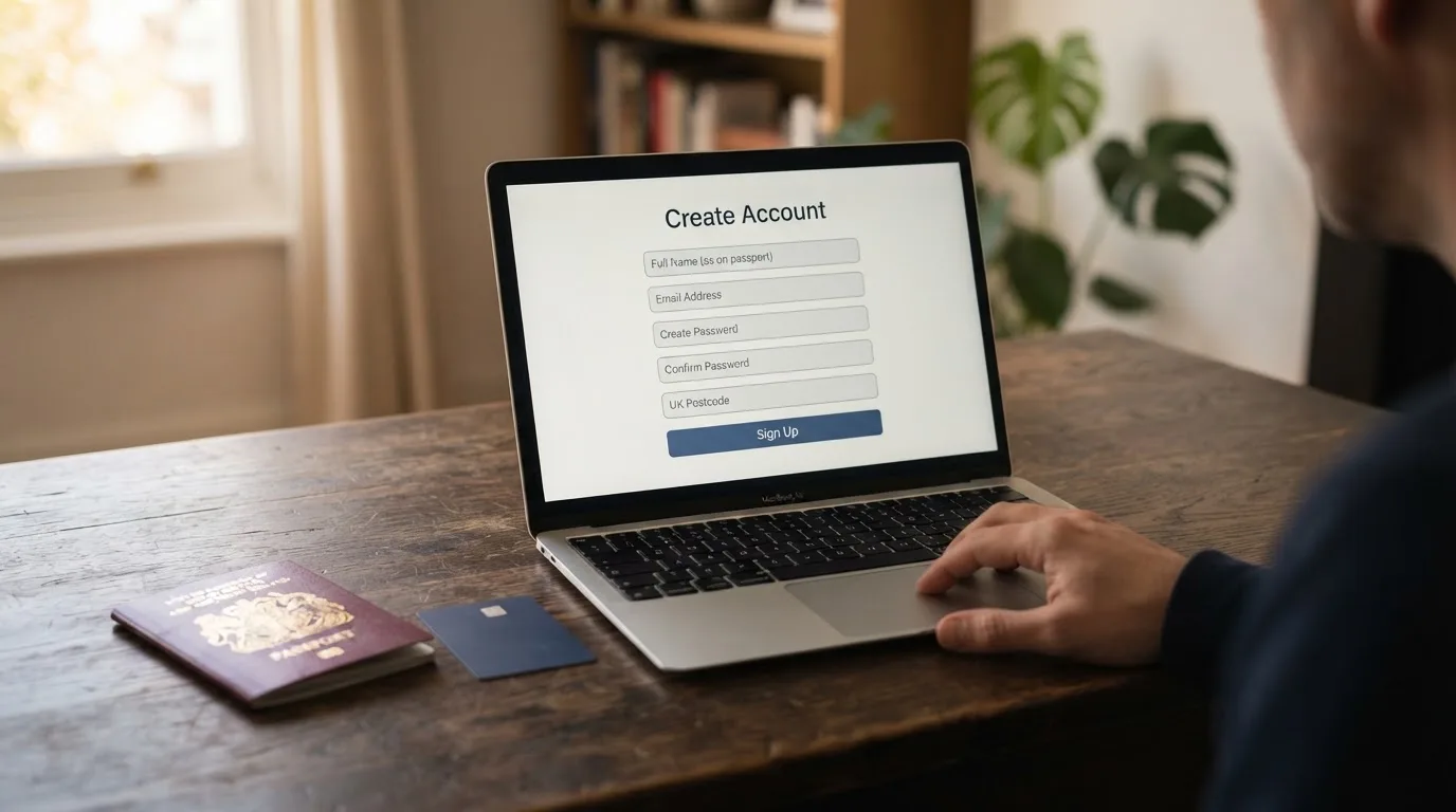 A UK passport and a bank card resting beside a laptop showing an account sign-up screen.