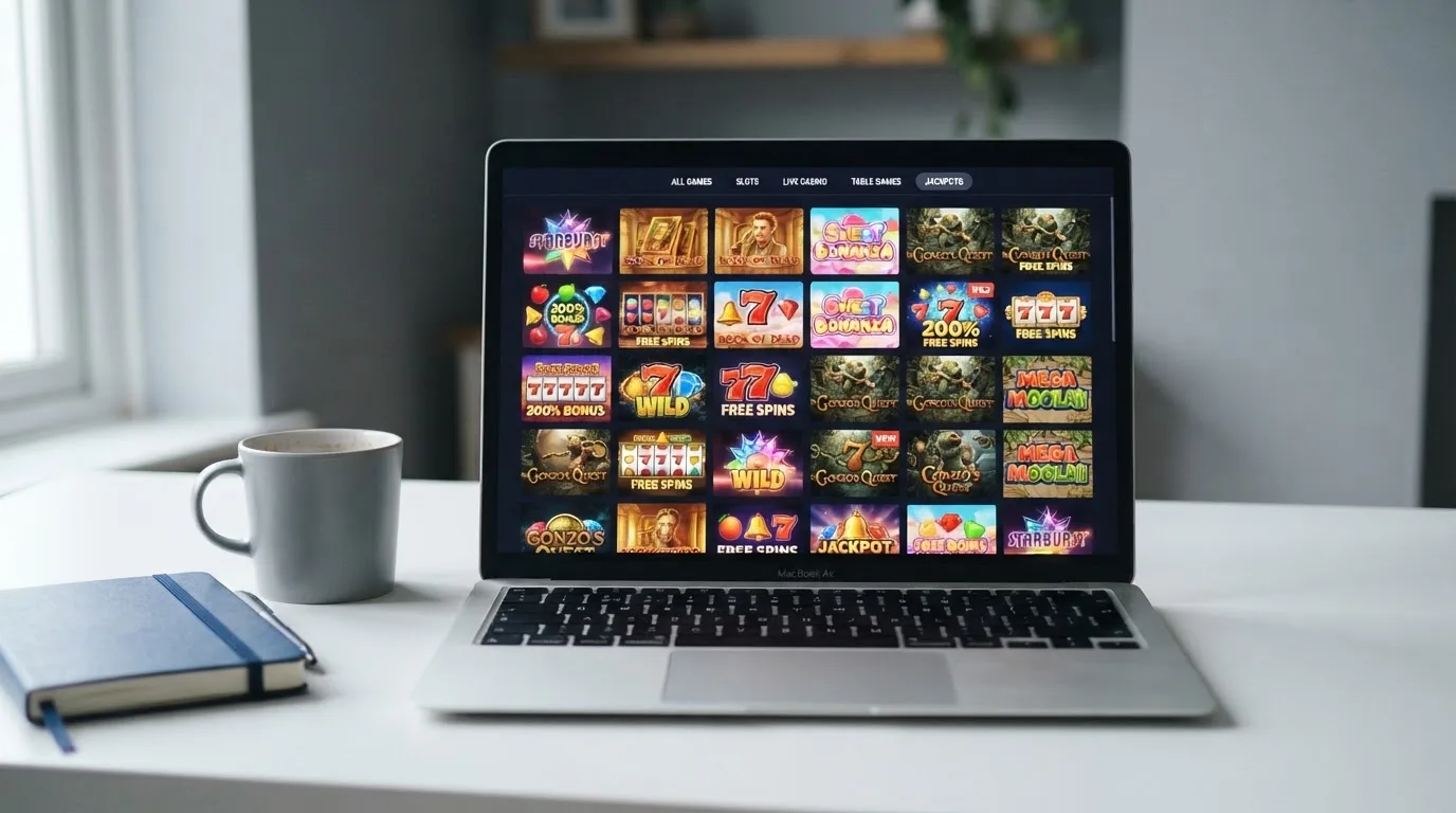 A laptop on a desk displaying a grid of slot game thumbnails in a casino lobby.