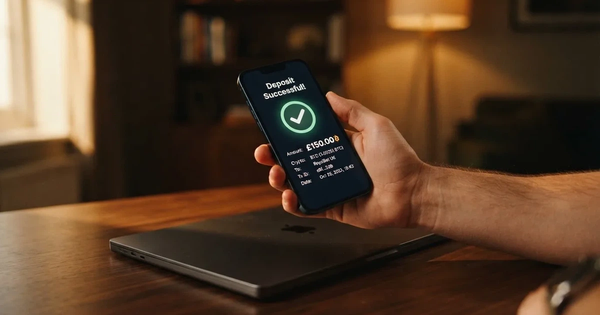 A hand holding a smartphone showing a cryptocurrency transfer screen next to a closed laptop.