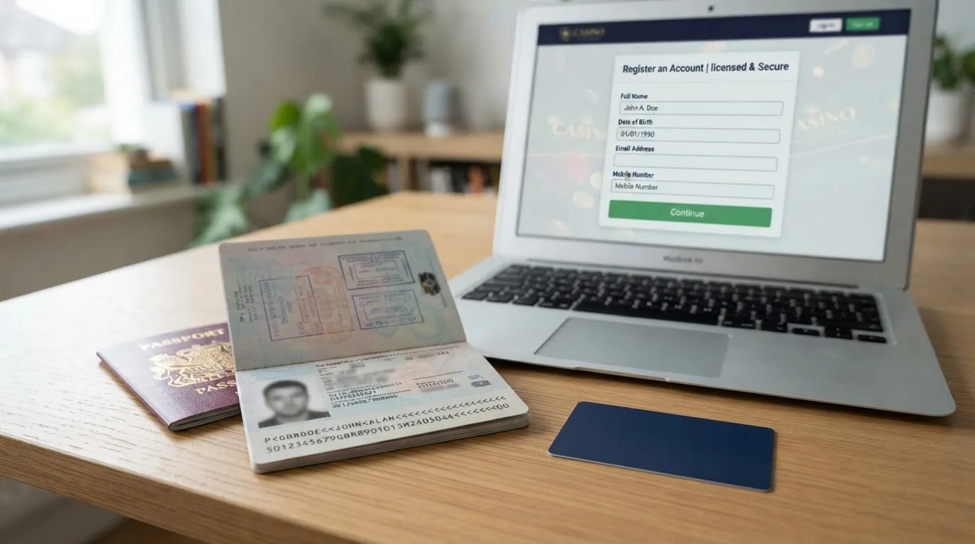 A UK passport and a bank card resting beside a laptop showing an account sign-up screen.