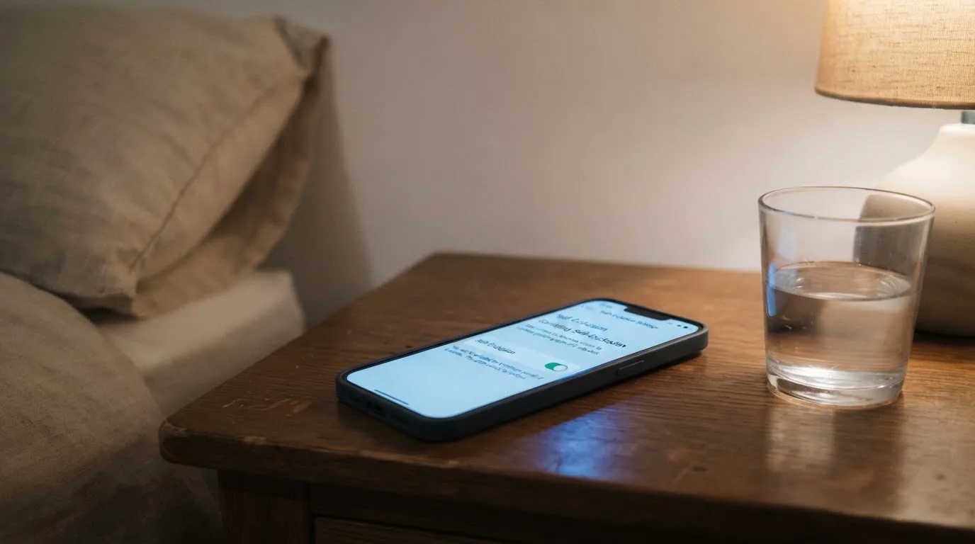 A phone displaying a self-exclusion settings screen next to a glass of water on a bedside table.
