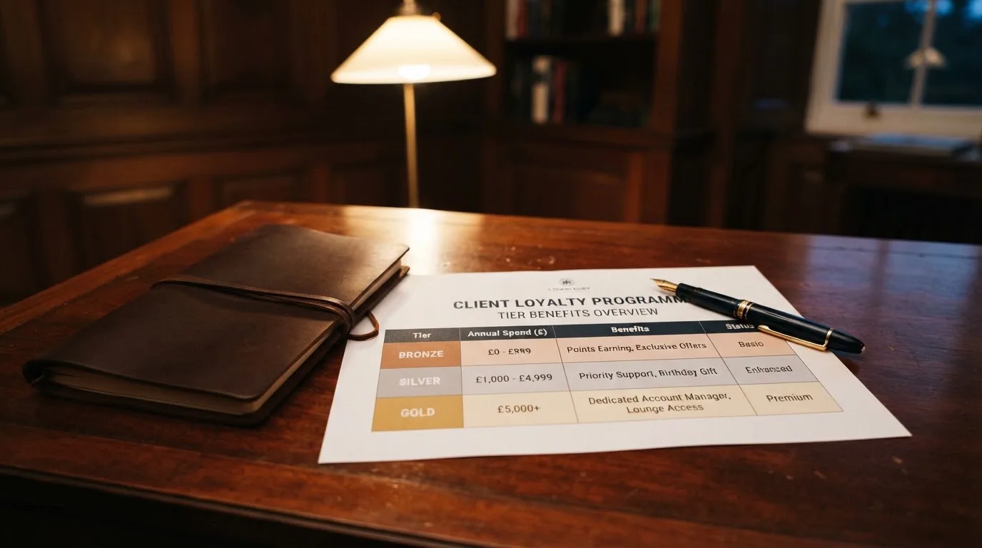 A desk with a printed loyalty-tier chart, a fountain pen, and a closed leather notebook.