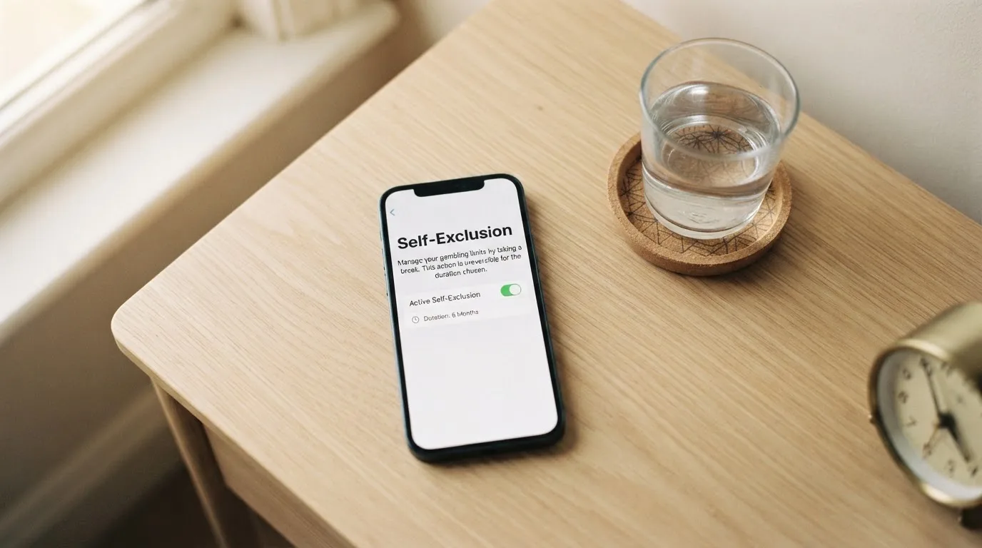 A phone displaying a self-exclusion settings screen next to a glass of water on a bedside table.