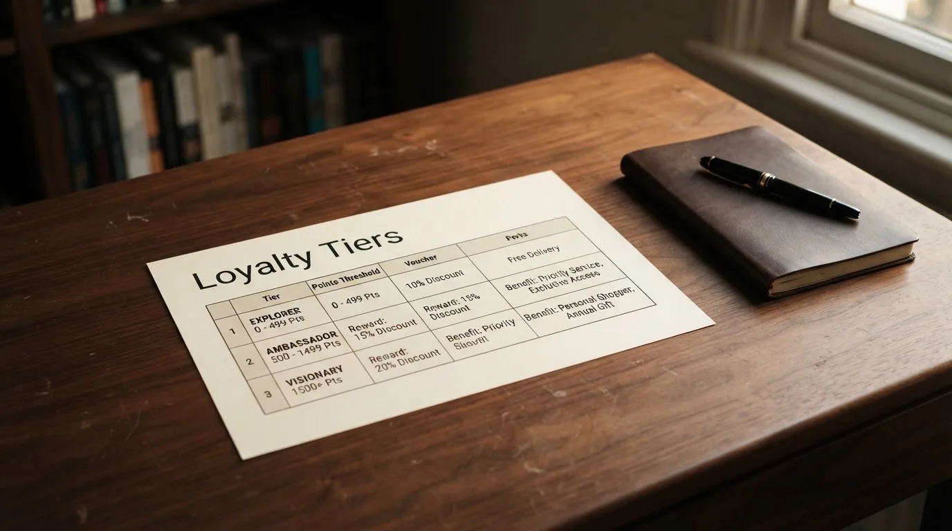 A desk with a printed loyalty-tier chart, a fountain pen, and a closed leather notebook.