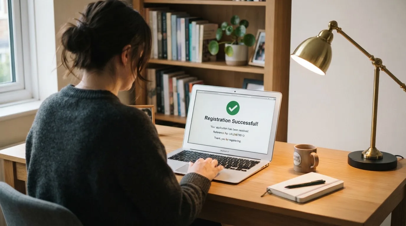 An official licence certificate propped on a bookshelf beside a lamp.